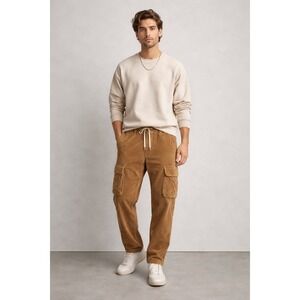 LES TIEN Corduroy Cargo Pants Camel Brown Relaxed Fit Drawstring Men Sz L BNWT